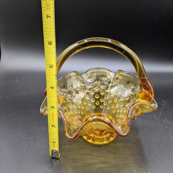 Amber Art Glass Hobnail Ruffled Edge Basket Applied Handle Vintage Candy Dish - Picture 7 of 7